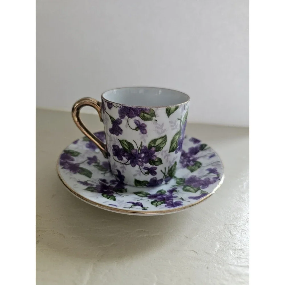 Vintage Inarcho Purple Floral Chintz Demitasse Cup And Saucer